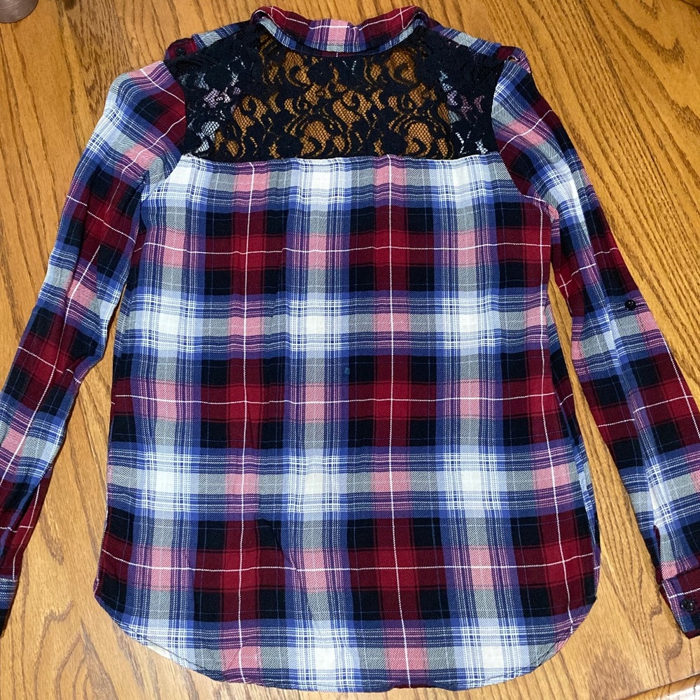 Deb Plaid Flannel Button Up Lace Back Shirt Sz XS